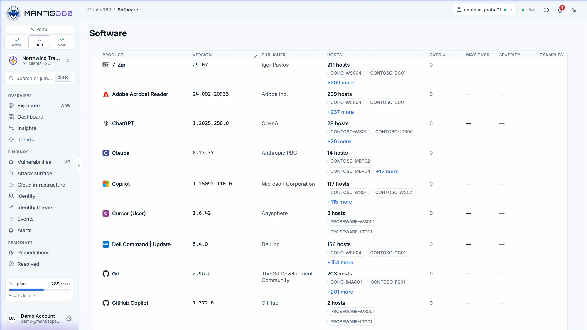 Mantis360 software inventory with installed versions, affected endpoints and matched CVEs