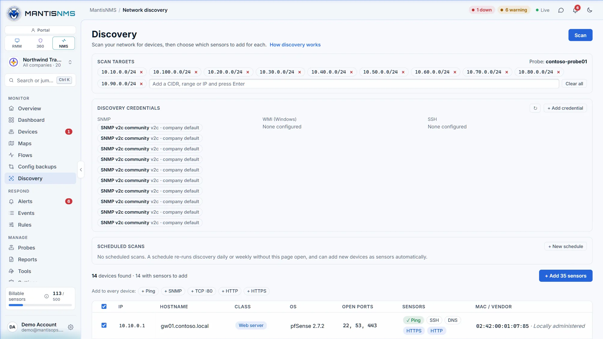 MantisNMS network discovery results listing devices with vendor, OS and open services