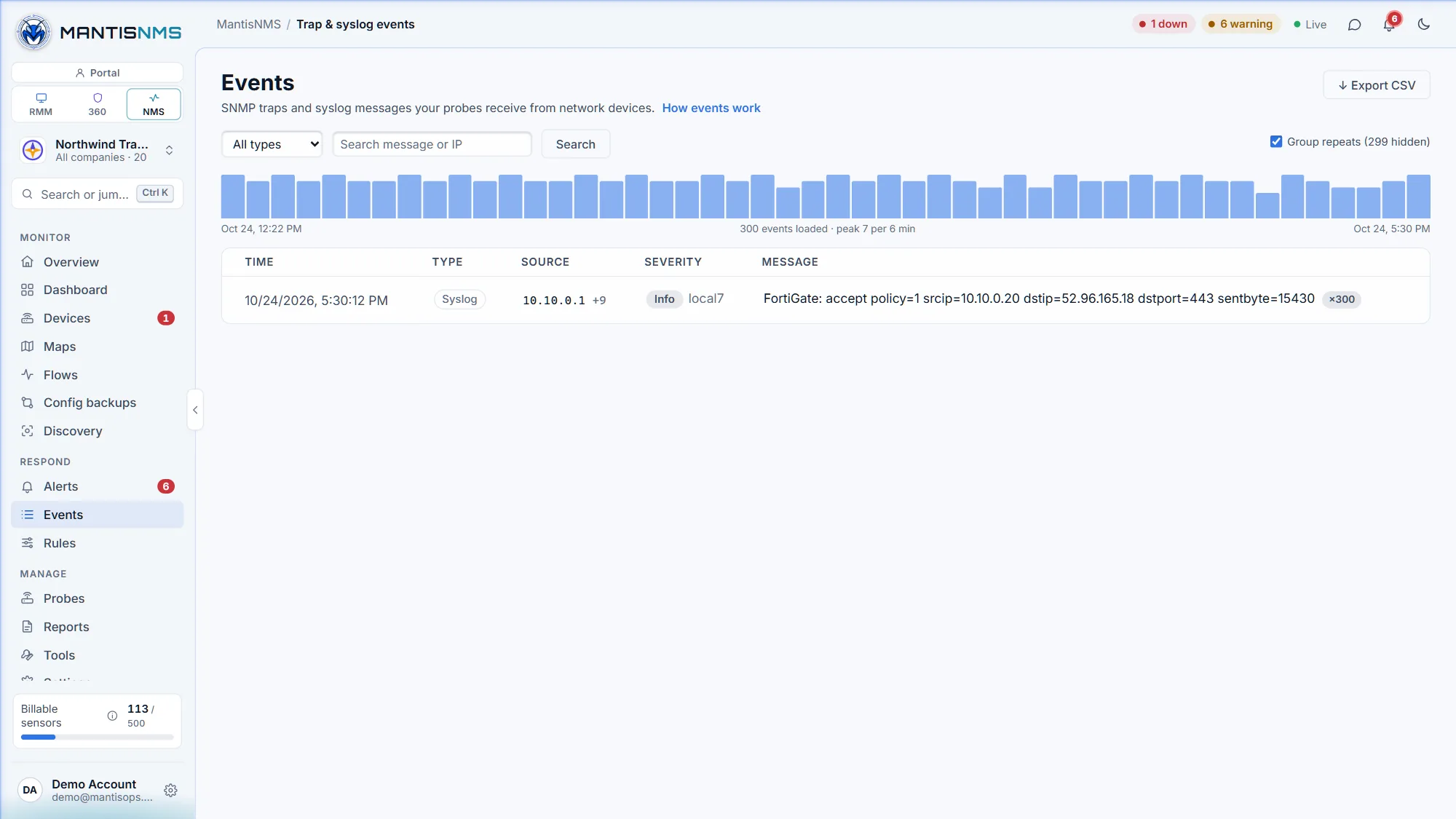 MantisNMS trap and syslog event stream: firewall, switch and server messages from every site with time, type, source and severity, searchable and exportable to CSV