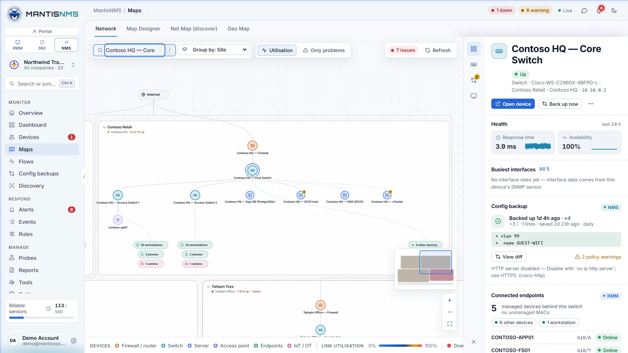 MantisNMS live topology map of Contoso HQ: firewall, core and access switches, access point and endpoint groups discovered over LLDP and CDP, with the core switch selected showing its health, config backup and connected endpoints