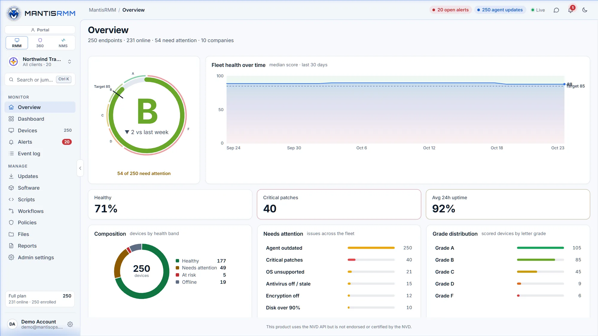 MantisRMM Overview for 250 endpoints across ten companies: a B fleet-health grade against an 85 target, the median health score over 30 days, healthy share, critical patches and 24-hour uptime, devices by health band, the issues that need attention and the grade distribution
