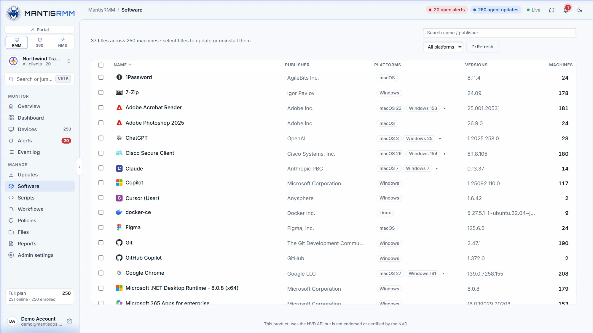 MantisRMM software inventory of 37 titles across 250 machines with publisher, platforms, versions and machine counts