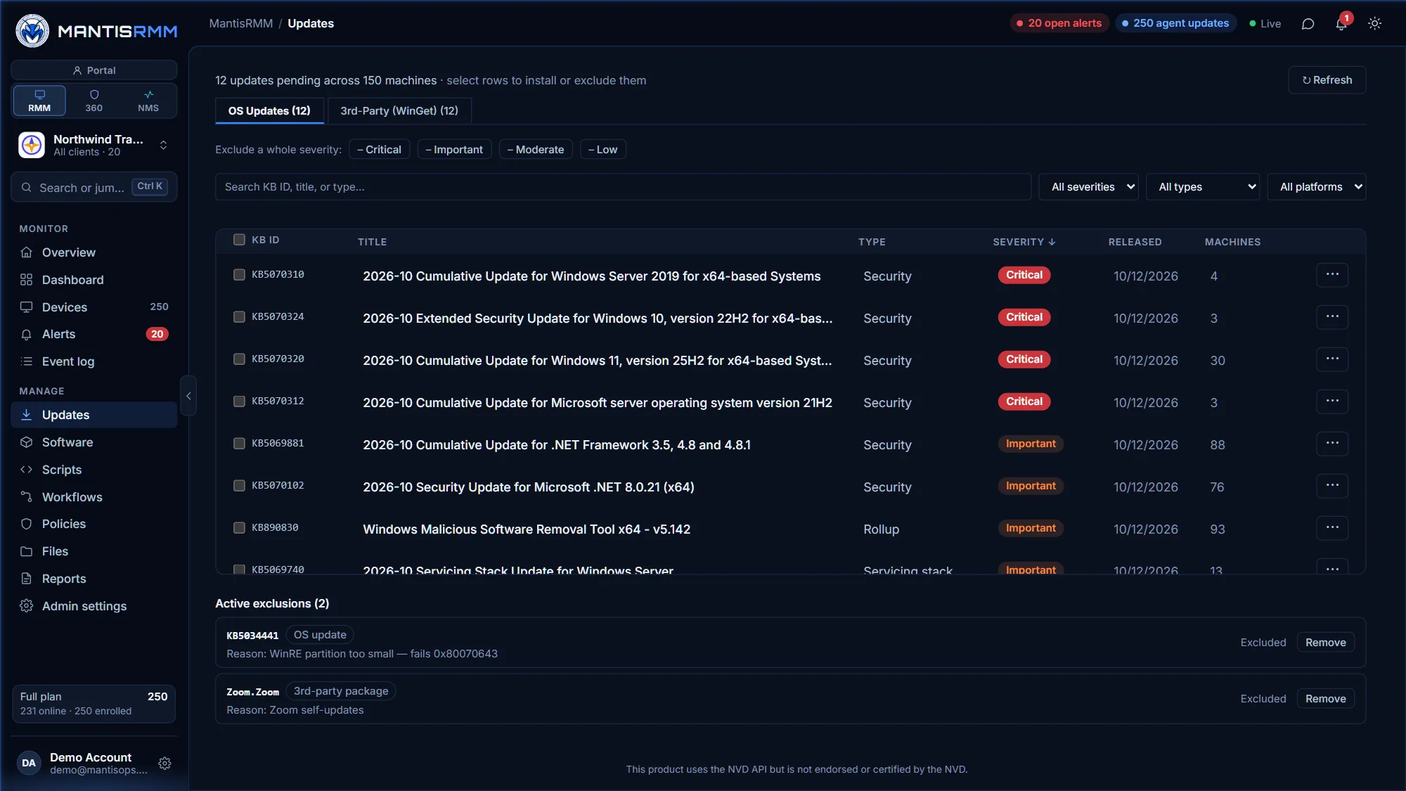 MantisRMM updates view listing the October Patch Tuesday updates pending across the fleet — cumulative, extended-security, .NET, malicious-software-removal and servicing-stack updates with severity, release date and machine count, plus a 3rd-party WinGet tab