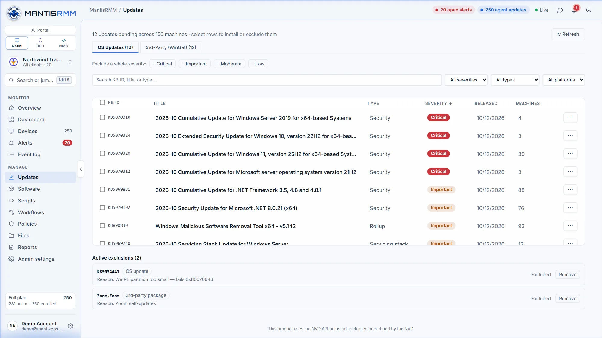 MantisRMM updates view listing the October Patch Tuesday updates pending across the fleet — cumulative, extended-security, .NET, malicious-software-removal and servicing-stack updates with severity, release date and machine count, plus a 3rd-party WinGet tab